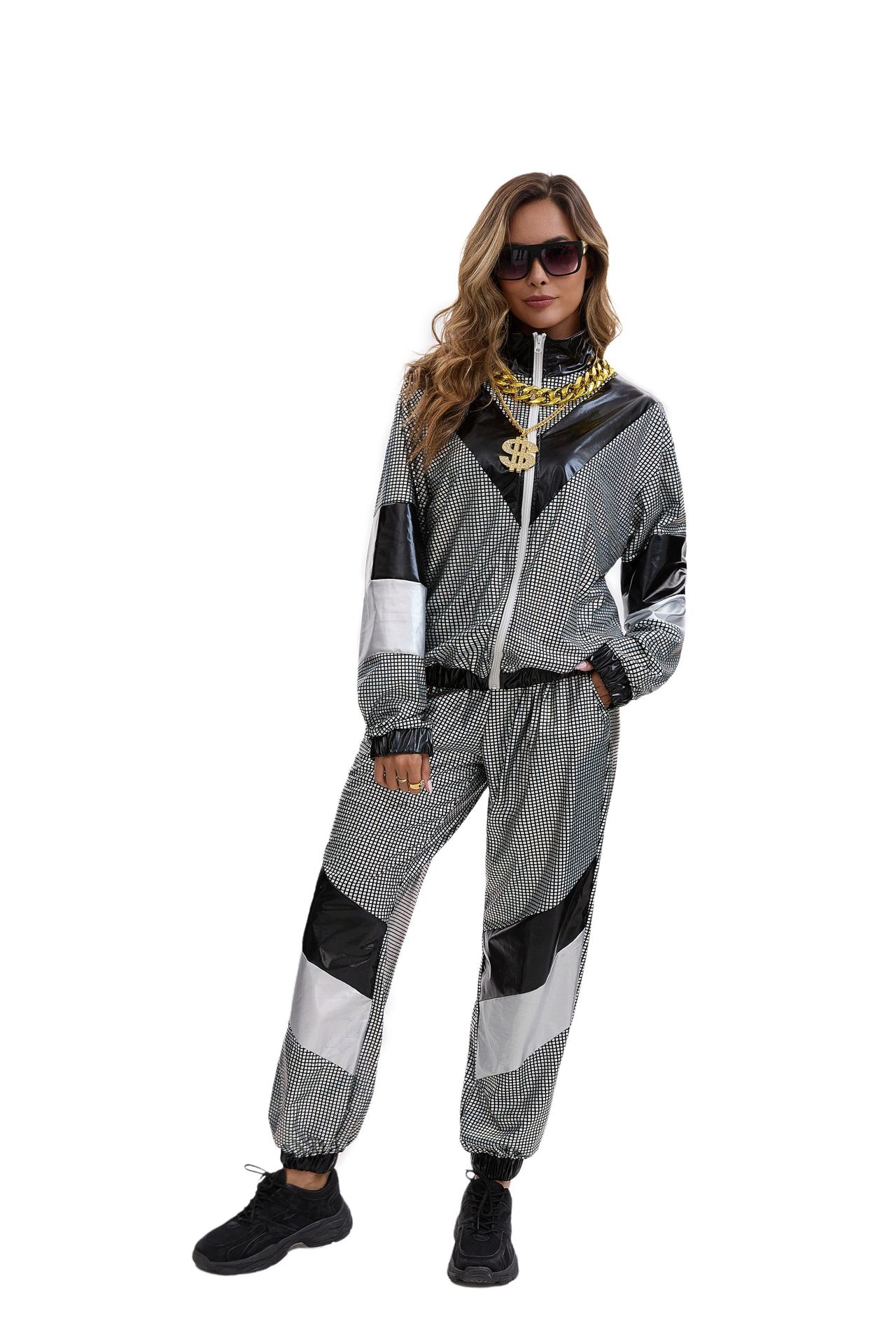 Womens Hip Hop Dance Costume Set 80s Disco Sportswear Two Piece Set Tracksuit
